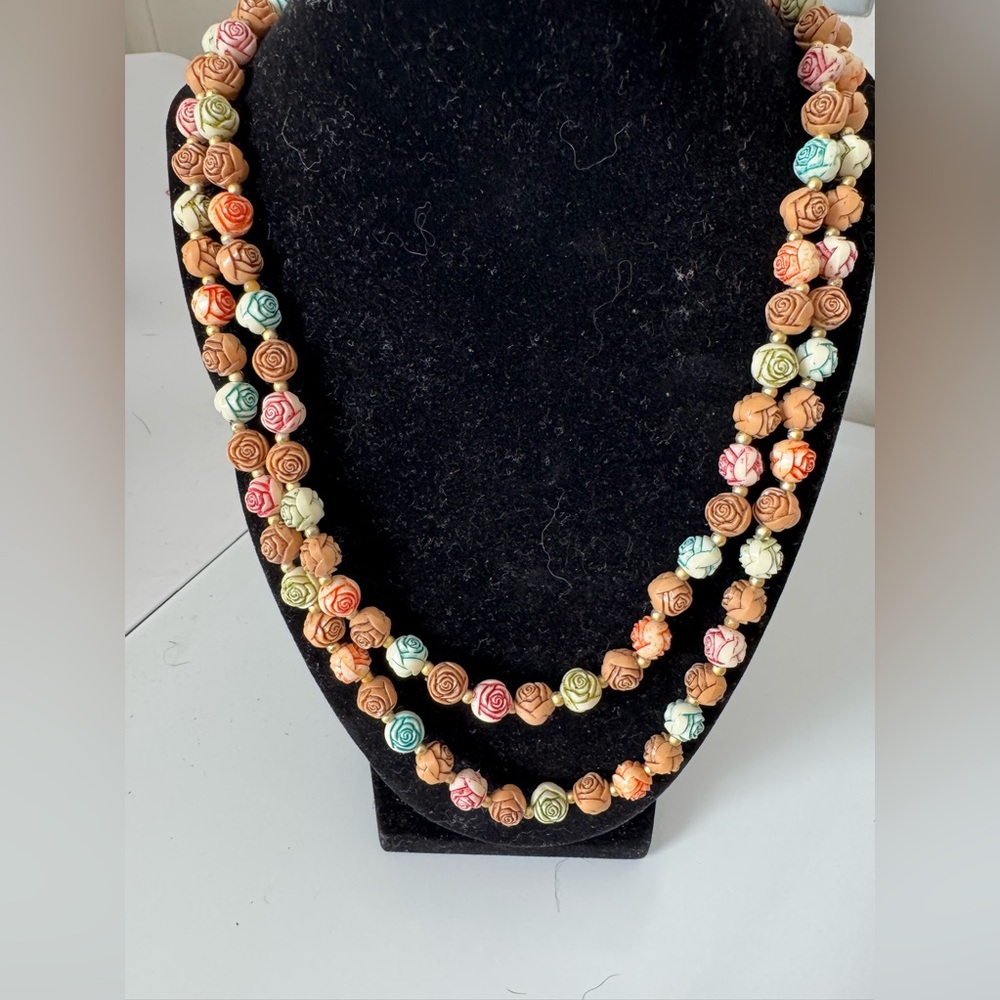 Vintage Celluloid Flower Long Wrap Necklace. 23” drop / 46” total length.